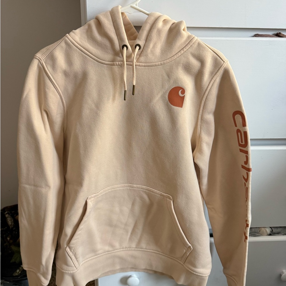 Carhartt Men's Beige Hoodie with Orange Logo